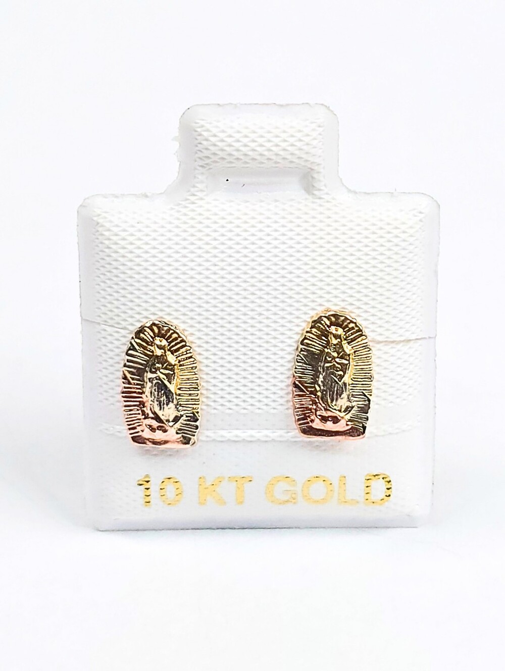 10K Solid Gold Virgen de Guadalupe Stud Earrings Screw Back 9mm Three Tone Women
